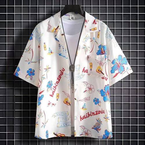 沙滩新款男夏季休闲三亚旅行穿搭衣服海边度假男装大码短袖花衬衫