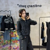 潮牌套装 爆闪银河系烫钻连帽短款 外套拉链加绒卫衣拖地阔腿弯刀裤