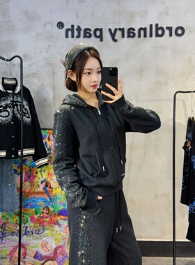 爆闪银河系烫钻连帽短款外套拉链加绒卫衣拖地阔腿弯刀裤潮牌套装