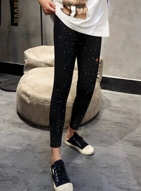 潮牌满天星带钻弹力重工百搭个性鲨鱼裤亮闪闪八分裤烫钻打底裤