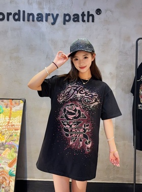 奢潮牌小众设计感复古玫瑰花烫钻中长款T恤裙宽松暗黑超闪连衣裙