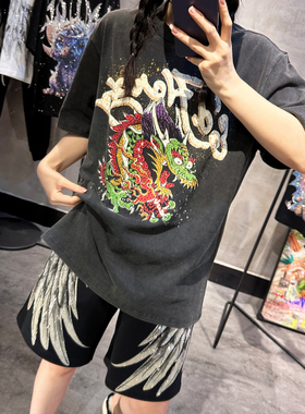 奢潮牌水钻印花中国风龙T恤做旧洗水高街短袖烫钻男女国潮流体恤