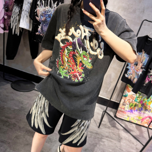 奢潮牌水钻印花中国风龙T恤做旧洗水高街短袖烫钻男女国潮流体恤
