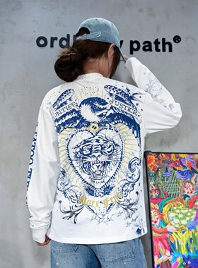 潮牌上衣美式复古烫钻虎头男女春秋款打底衫纯棉休闲印花长袖T恤