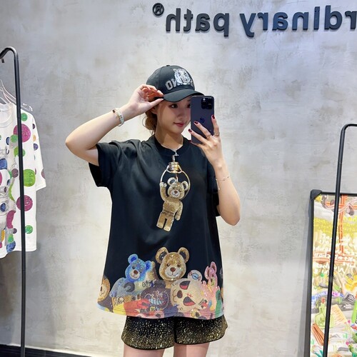 夏短袖潮牌烫钻男女彩钻小熊T恤