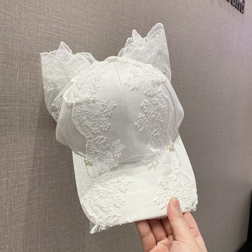 韩版蕾丝珍珠蝴蝶结鸭舌帽女可爱