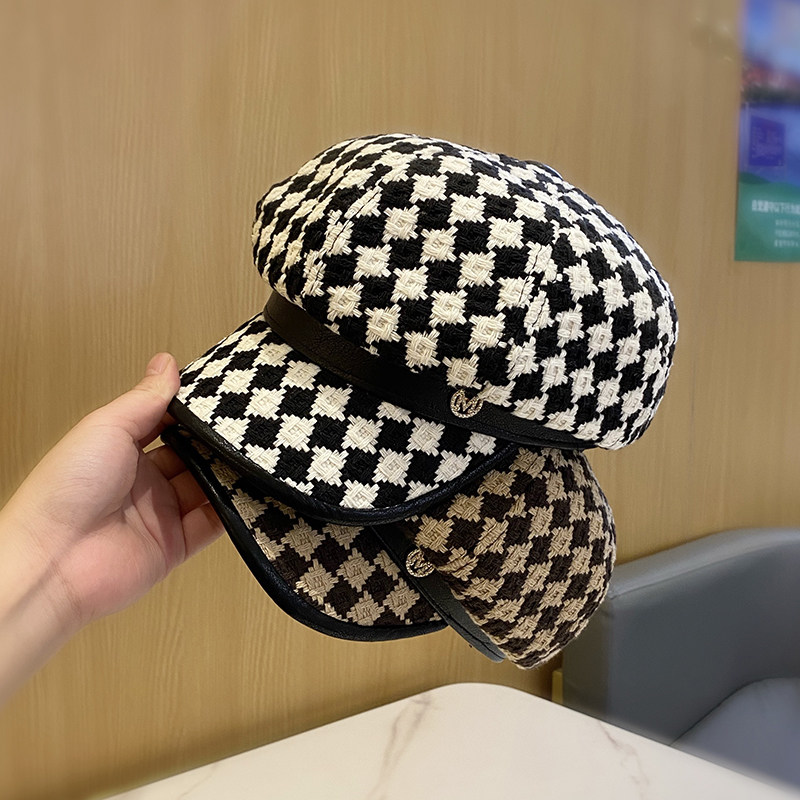 格纹八角帽女显脸小英伦贝雷秋冬