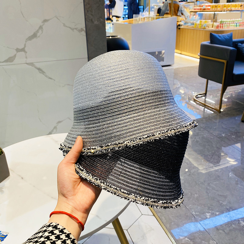 帽子女圆顶桶帽夏日遮阳渔夫帽女气质高冷遮阳草帽水钻包边太阳帽