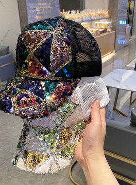 帽子女韩国彩色亮片鸭舌帽夏天透气网纱棒球帽青年出游逛街遮阳帽
