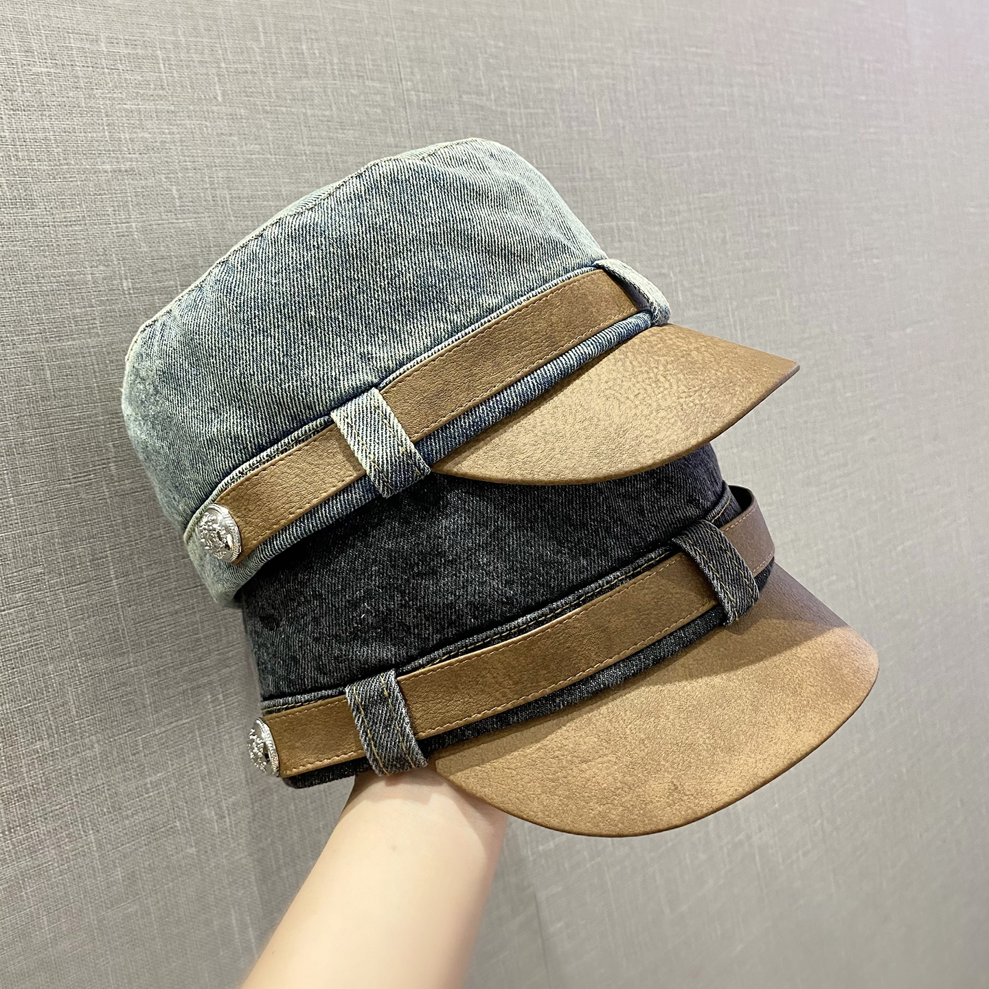 文艺复古水洗做旧牛仔平顶帽子女