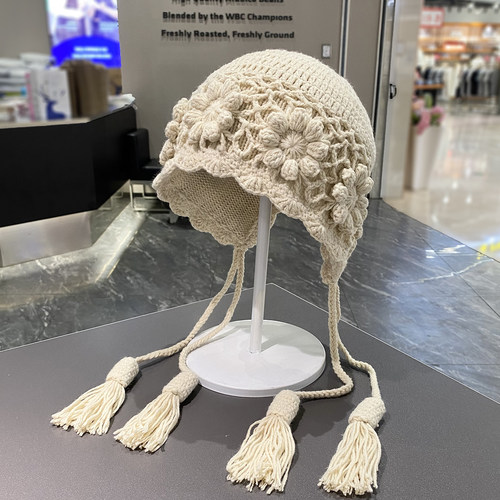 手工钩花流苏套头帽子女保暖百搭