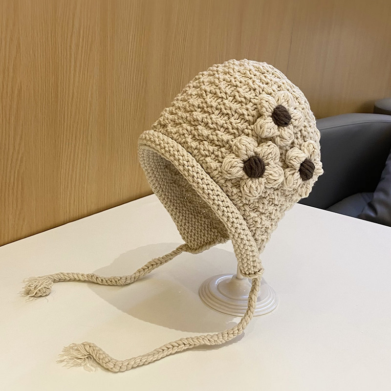 针织花朵套头帽女甜美可爱护耳帽