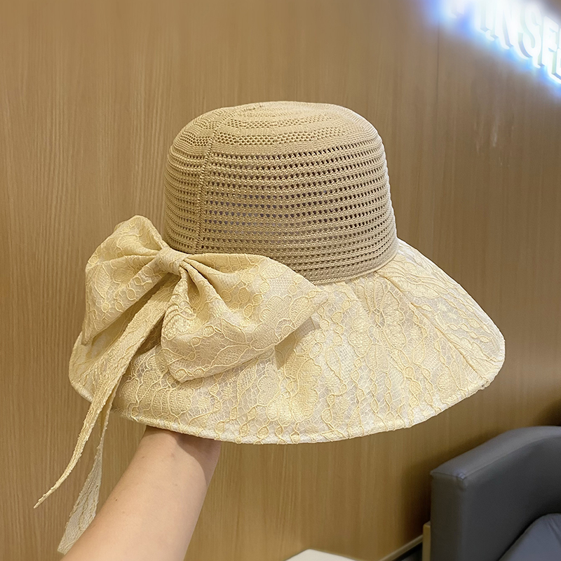 蕾丝蝴蝶结渔夫帽女夏大檐遮阳帽