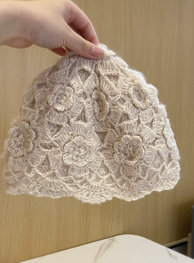 日系双层手工钩花套头帽子女秋冬韩版潮百搭保暖针织毛线帽包头帽