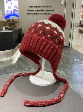 费尔岛风提花球球针织绑带毛线帽女冬季新款加绒保暖护耳帽雷锋帽