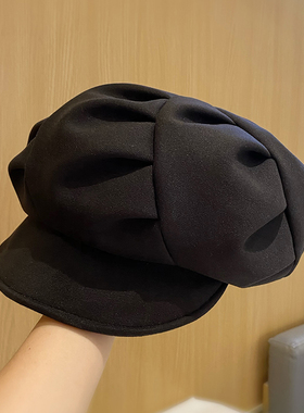 秋冬新款褶皱八角帽子女韩版软檐显脸小贝雷帽多种戴法黑色云朵帽