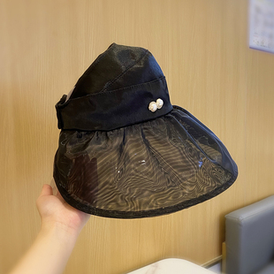 可折疊防曬大沿帽百搭 遮陽帽子女綢緞拼接歐根紗帽檐空頂帽夏韓版
