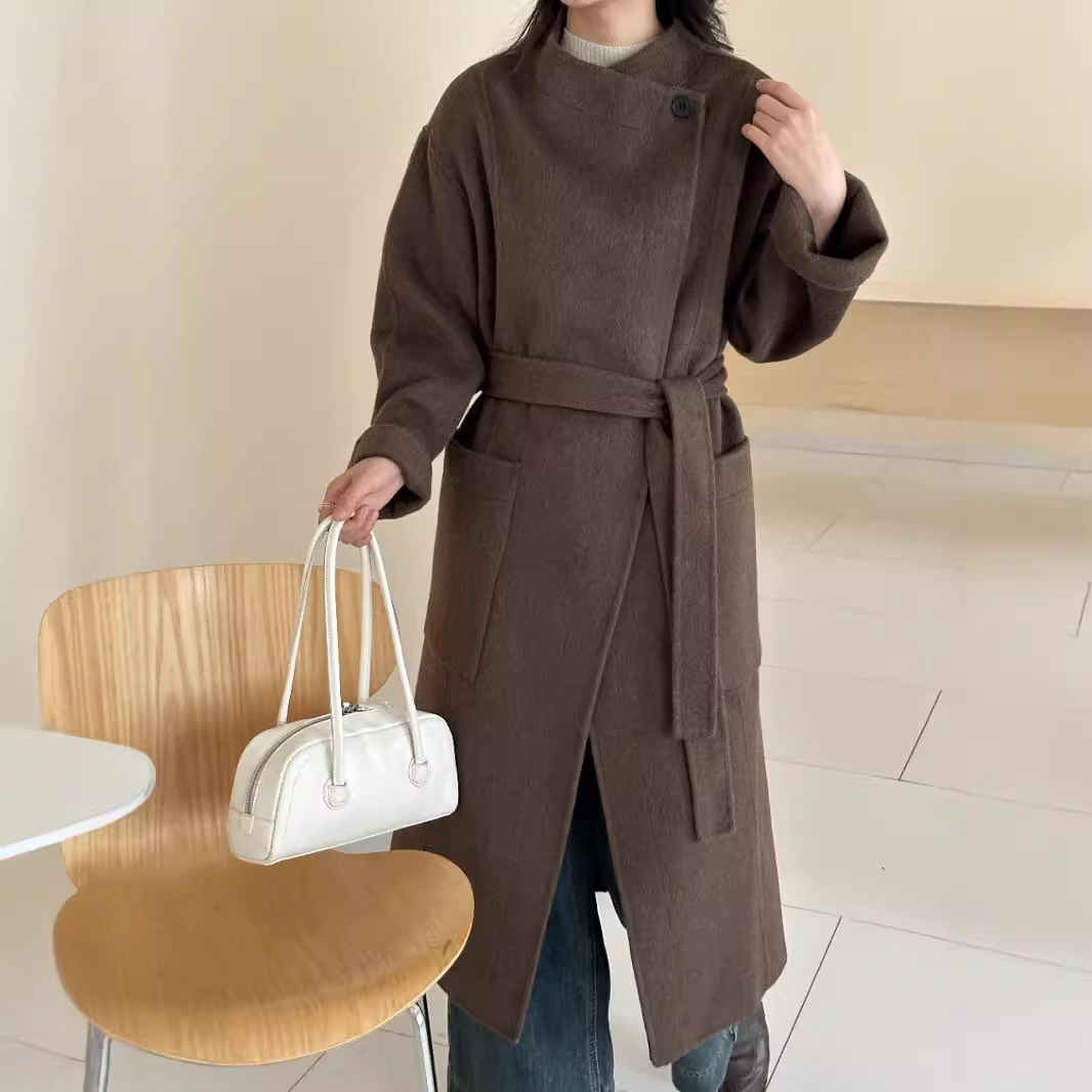 系带收腰微立领双面羊绒大衣女2025新款轻奢宽松休闲极简毛呢外套
