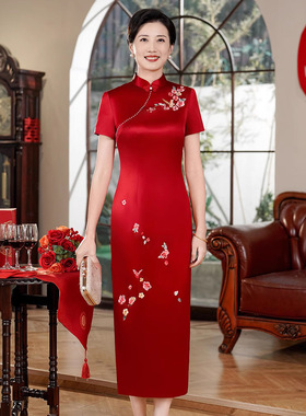 妈妈婚宴旗袍2025年新款短袖红色醋酸缎刺绣喜婆婆宴会礼服60703