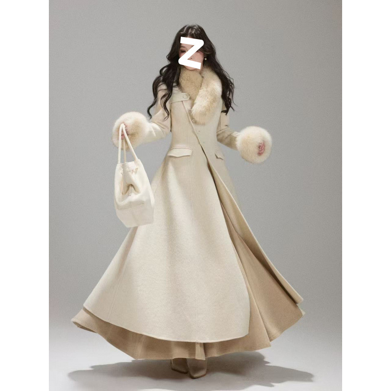 2025冬季新款狐狸毛大毛领温柔气质千金长款收腰羊毛大衣