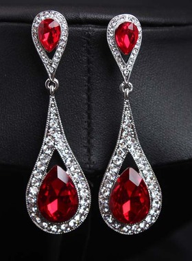 欧美时尚 奢华红色水滴水晶宝石耳坠气质耳环 夸张女礼服晚宴耳饰
