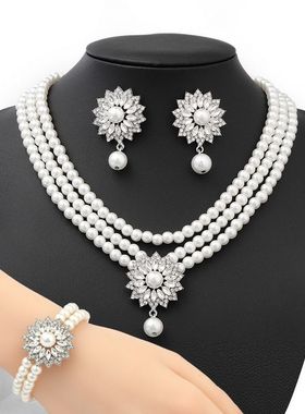 欧美花朵珍珠项链套装女款三件套适用于婚礼晚宴网红女夸张装饰品
