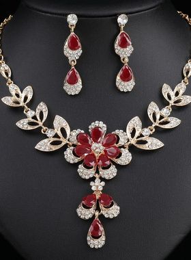 欧美项链套装新娘复古百搭花朵形状镶彩钻锁骨链新款首饰品女装饰