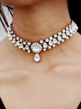新款欧美镶钻珍珠项链新款夸张时尚婚纱礼服晚宴配饰个性少女风