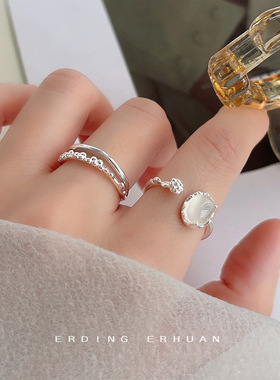 文艺复古个性白玛瑙开口可调节年戒指银色通勤百搭指环女