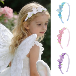 外贸跨境春夏女童蕾丝蝴蝶花朵防滑发箍甜美珍珠儿童包边布艺头扣
