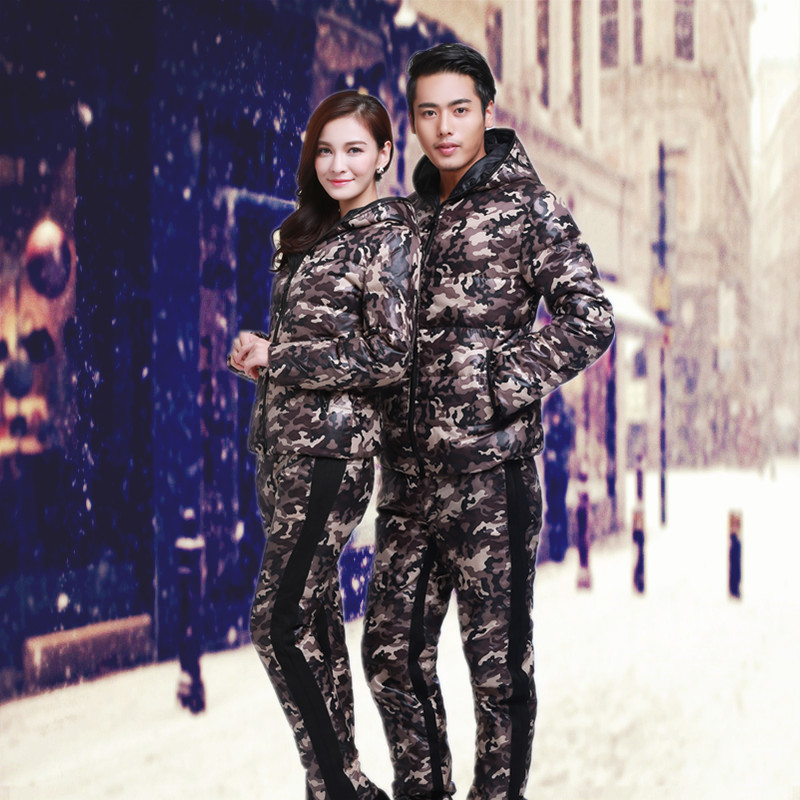 2024年冬装新款男女士短款大码印花修身羽绒服套装情侣装保暖外套