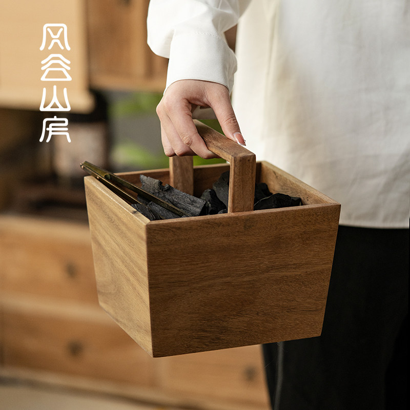 实木提拿碳盒出游野外旅行便携款炭斗橄榄乌榄炭果木炭提梁收纳盒