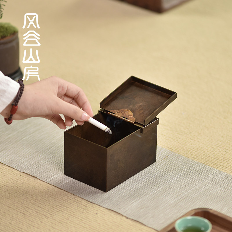 复古纯黄铜烟灰缸带盖防灰飞家用客厅办公室铜制烟缸茶桌茶几专用