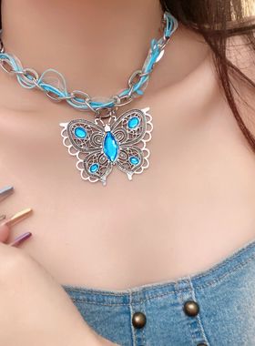新款波西米亚蓝色纯欲蝴蝶项链
