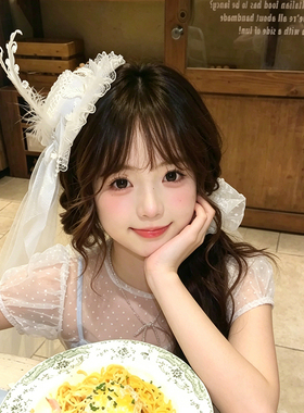 洛丽塔白色蕾丝头纱礼帽发夹甜美生日羽毛头饰法式宫廷风Lo娘发饰