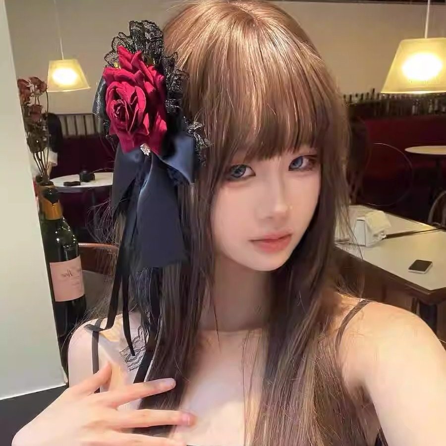 暗黑哥特风复古酒红色玫瑰花发夹洛丽塔蕾丝网纱边夹万圣节侧边夹图片