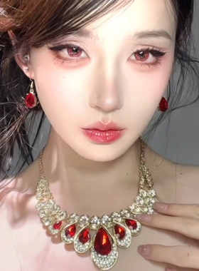 夸张轻奢红色水滴宝石项链耳环套装女晚礼服高级感颈链重工锁骨链