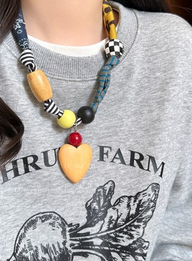 布艺豹纹爱心吊坠项链