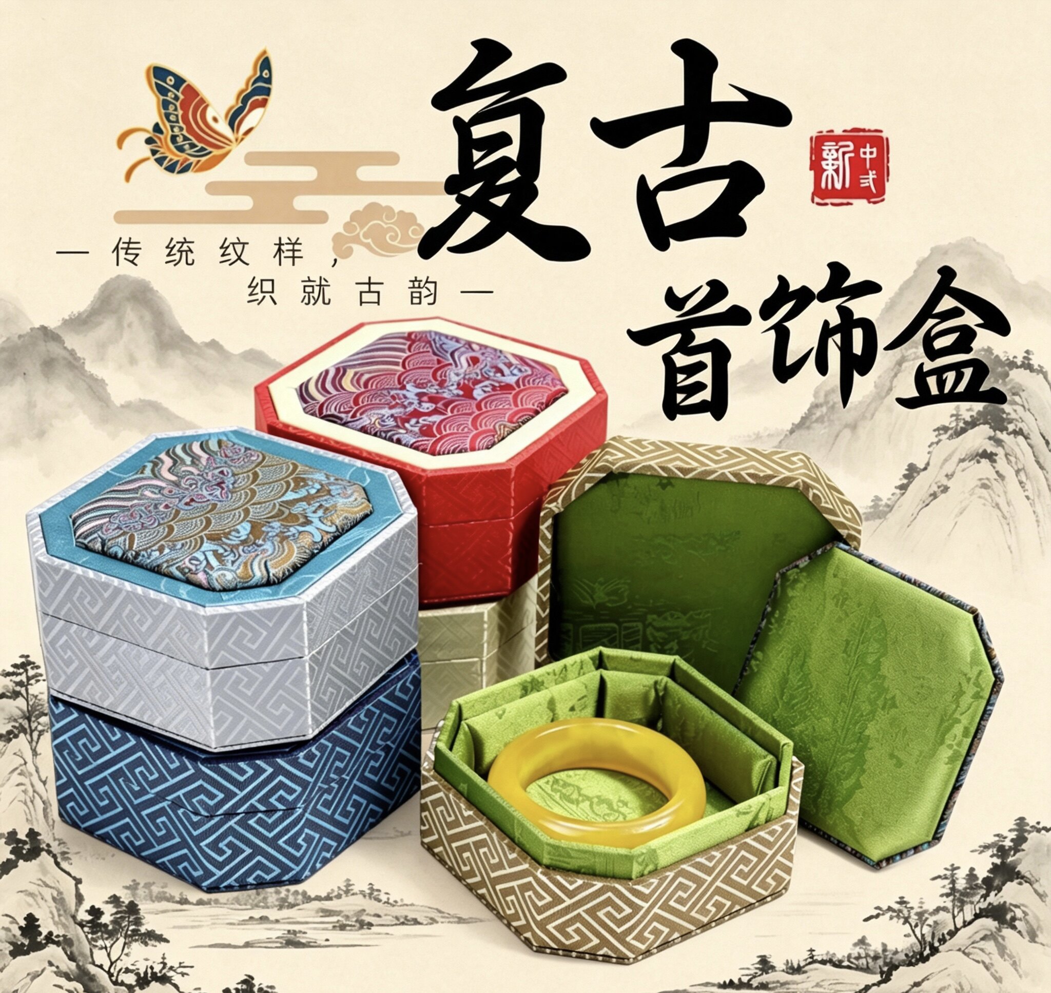 新款复古八角回纹海浪花宫廷风天地盖双盖手镯手串首饰收纳盒