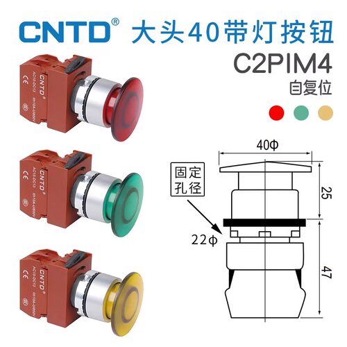 CNTD昌得带灯大头按钮开关C2PIM4头部尺寸40复位带灯按钮开孔Φ22