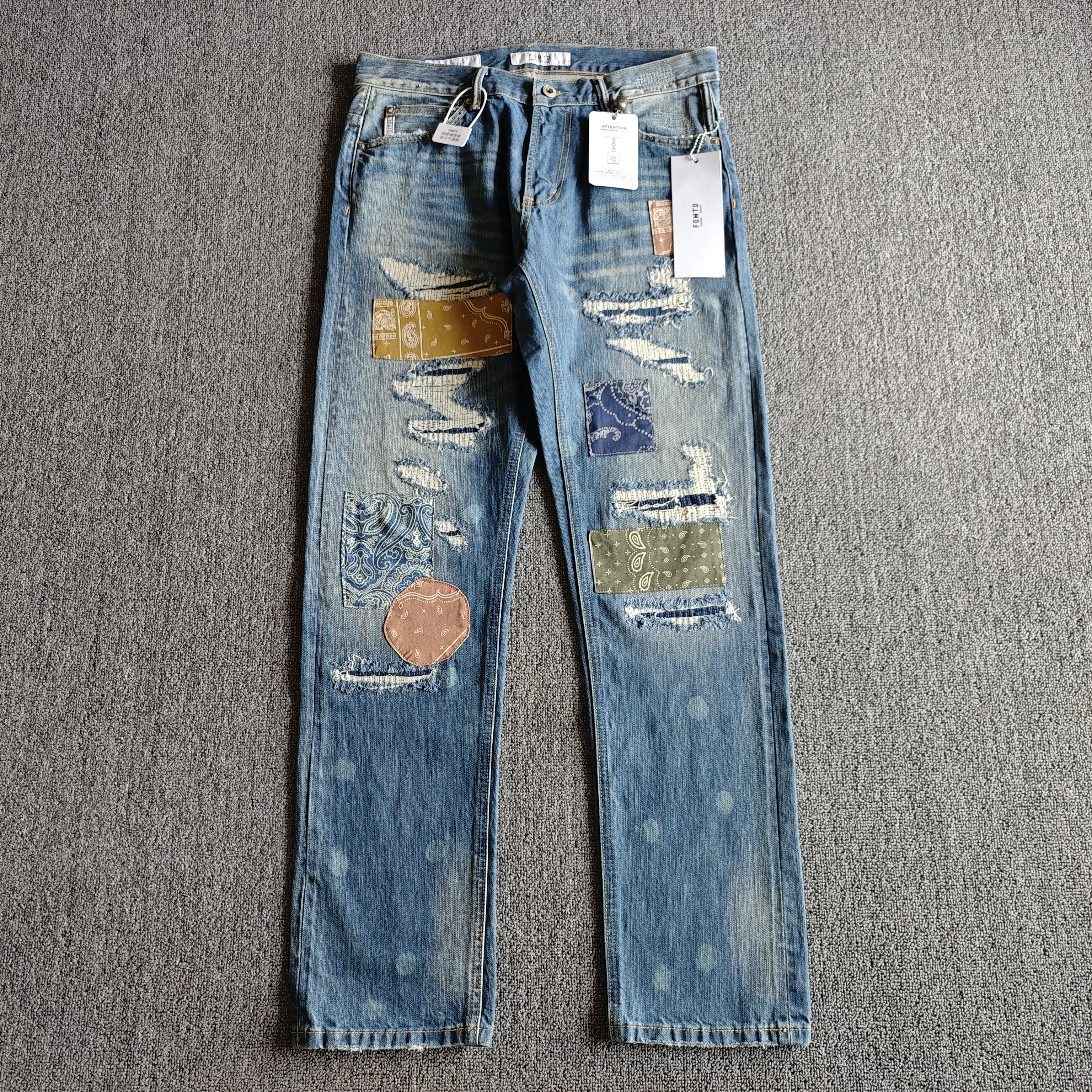 FDMTD 日式潮牌水洗蓝经典直筒四季拼贴补丁做旧腰果花牛仔裤男