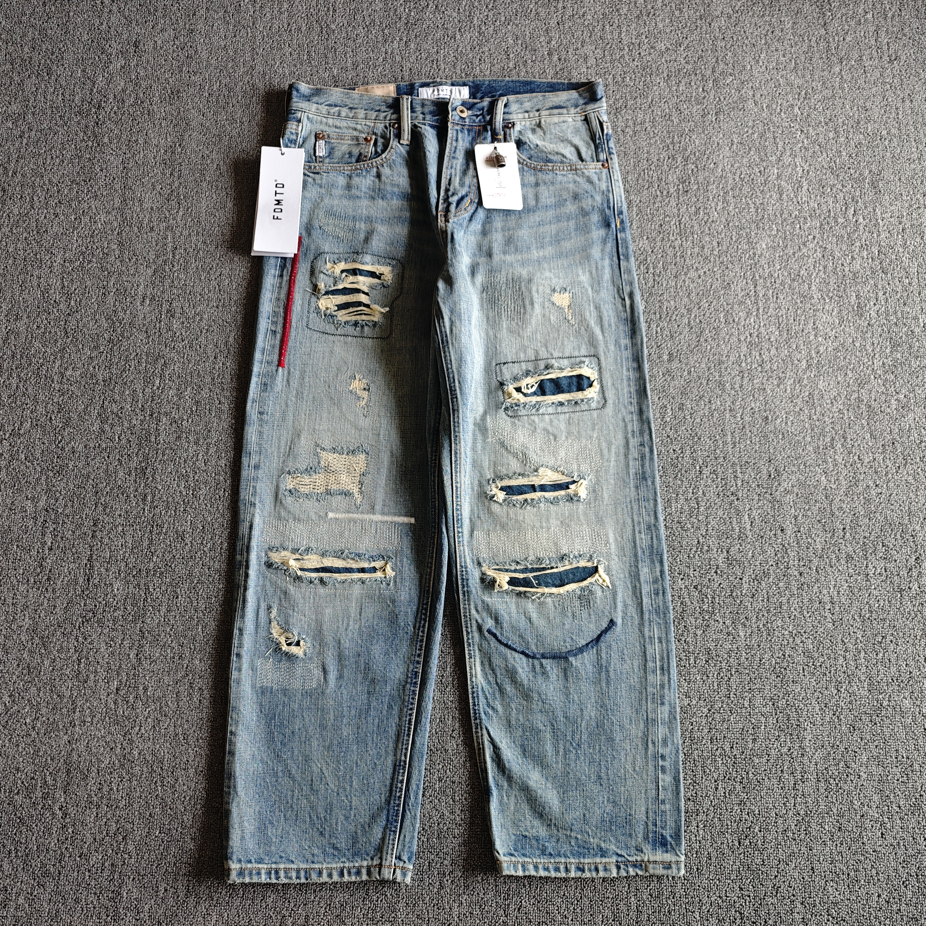 FDMTD 红线补丁九分裤牛王 男士宽松直筒阔腿水洗赤耳重磅牛仔裤