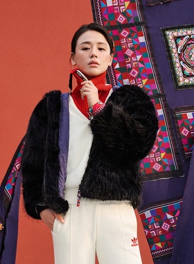 阿迪达斯三叶草女子新款CNY人造毛皮运动上衣连帽夹克外套 IX4226