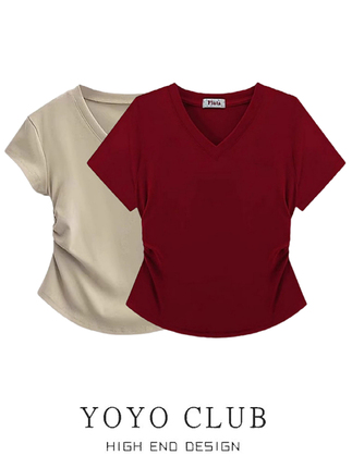 Yoyo Club Brand Discount Summer V-Neck Short-Sleeved T-Shirt for Women, Slimming Hot Girl Pleated Asymmetrical Top