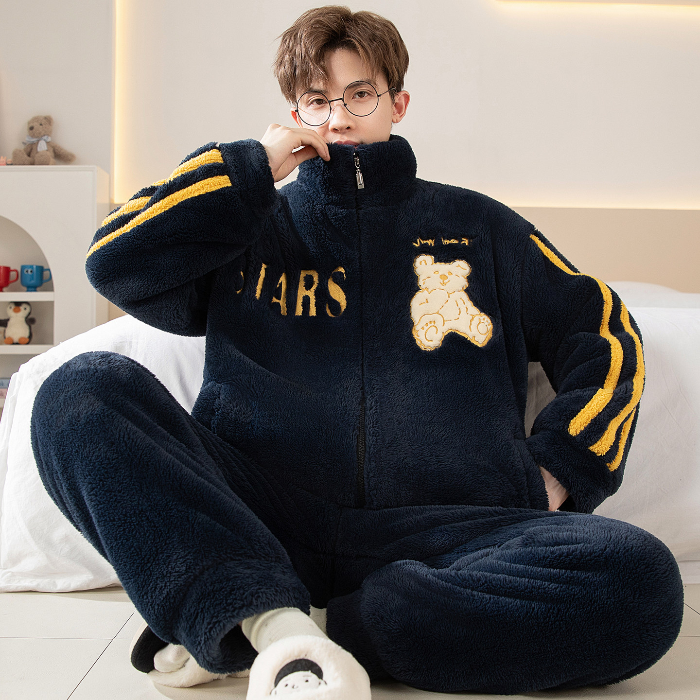 秋冬季男士加绒加厚珊瑚绒开衫睡衣运动休闲款保暖家居服两件套装