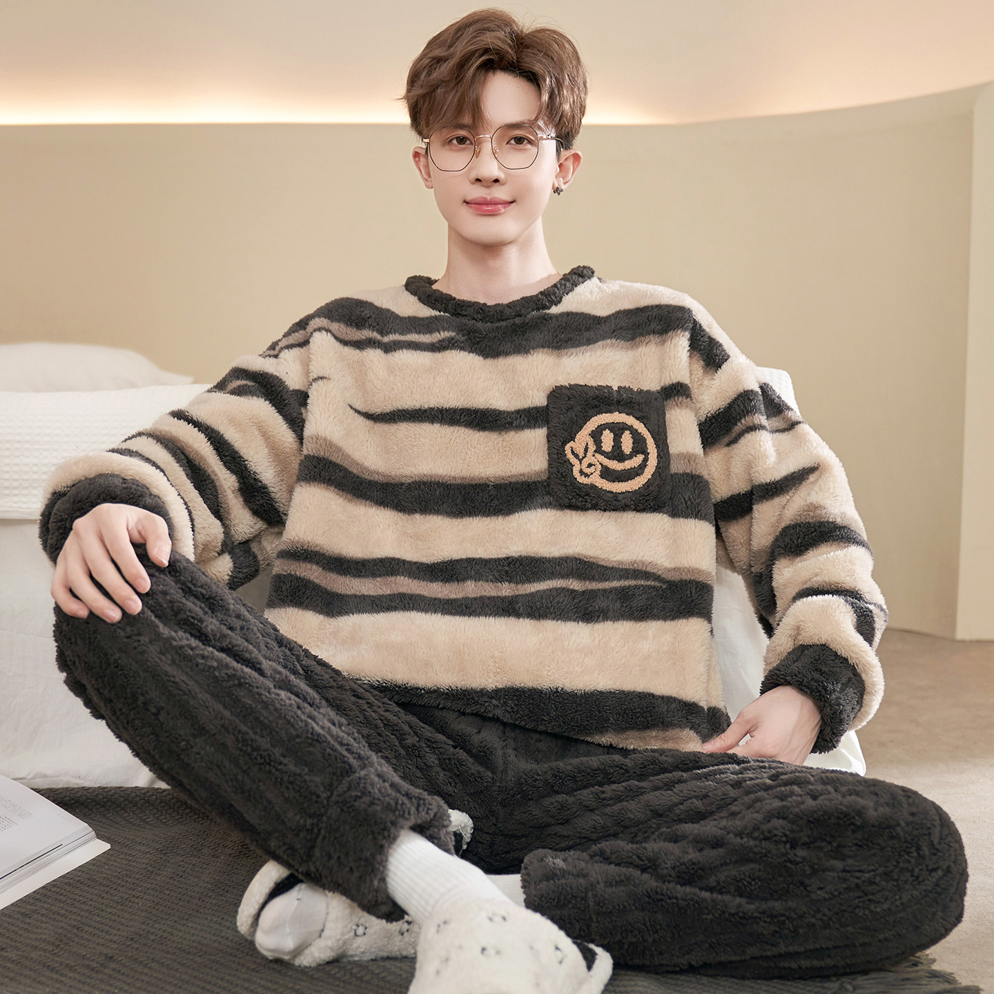 珊瑚绒睡衣男士秋冬款加绒加厚保暖套装男生男式大码法兰绒家居服