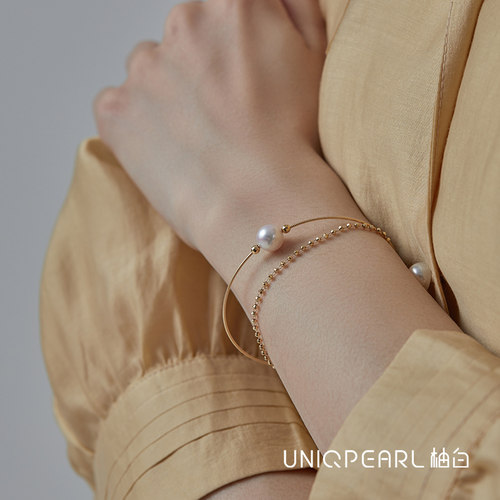 柚白18K金极光珍珠正圆近无暇极强光双层手镯手链爆闪