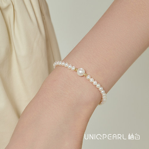 【璀璨】柚白18K金极光淡水珍珠路路通手链镭射金珠弹力手串礼物