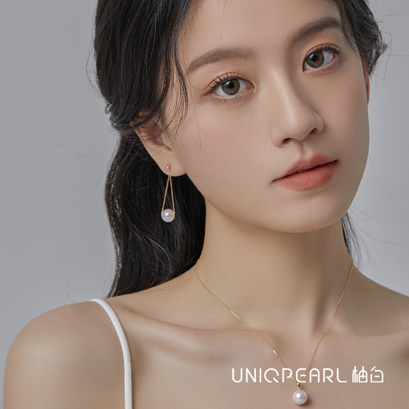 UP柚白 路路通耳环18K黄金天然珍珠极光正圆9-10mm爱迪生极强光