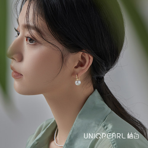 UP柚白 18K金天然极光珍珠耳扣大点位爱迪生耳环正圆10-11mm礼物